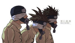 Rule 34 | 3boys, black eyes, brown hair, character name, character profile, character sheet, fisher903, forehead protector, gas mask, jumpsuit, kagari (naruto), long sleeves, mask, mubi (naruto), multiple boys, naruto, naruto (series), ninja, oboro (naruto), simple background, spiked hair, white background, white blindfold, yellow jumpsuit