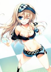 Rule 34 | 1girl, ;d, absurdres, bandeau, belt, bikini, bikini top only, black bikini, blonde hair, blue eyes, breast tattoo, breasts, cleavage, cropped jacket, grin, highres, jacket, jewelry, karory, long hair, midriff, navel, necklace, necktie, one eye closed, open clothes, open jacket, open mouth, pendant, perspective, short shorts, shorts, smile, solo, swimsuit, tattoo, visor cap
