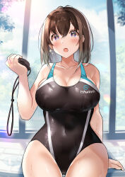 Rule 34 | + +, 1girl, :o, arm support, black one-piece swimsuit, blush, breasts, cleavage, collarbone, competition swimsuit, covered navel, day, hair between eyes, hawawa-chan (shiro kuma shake), highres, holding, holding stopwatch, indoors, large breasts, long hair, one-piece swimsuit, open mouth, original, poolside, purple eyes, shiro kuma shake, sitting, solo, star-shaped pupils, star (symbol), stopwatch, swimsuit, symbol-shaped pupils, tree, watch, wide hips, window