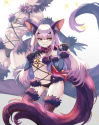 Rule 34 | 1boy, 1girl, abs, absurdres, animal ears, bare shoulders, bow, breasts, brown eyes, cleavage, cosplay, dawito, elbow gloves, melusine (fate), fate/grand order, fate (series), forked eyebrows, fur-trimmed gloves, fur-trimmed legwear, fur collar, fur trim, gloves, highres, lace, lace-trimmed legwear, lace trim, lancelot (fate/grand order), long hair, looking at viewer, mash kyrielight, mash kyrielight (dangerous beast), mash kyrielight (dangerous beast) (cosplay), navel, o-ring, official alternate costume, purple gloves, purple hair, purple legwear, revealing clothes, short hair, sidelocks, small breasts, sparkle, tail, thighs, white hair, wolf ears, wolf tail