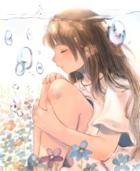 Rule 34 | 1girl, air bubble, blurry, blurry foreground, brown hair, bubble, closed eyes, collared shirt, flower, hand on own knee, hand on own leg, highres, hugging own legs, knees up, long hair, orie h, original, shirt, short sleeves, signature, sitting, solo, submerged, underwater, white background, white shirt