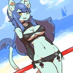 Rule 34 | 1girl, beach, bikini, breasts, cat, female focus, furry, furry female, gradient background, long hair, looking at viewer, ocean, open mouth, outdoors, purple hair, sky, solo, swimsuit, the amboina, yellow eyes