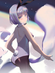 Rule 34 | 1girl, animal ears, bad id, bad pixiv id, black hairband, black pantyhose, blue nails, blurry, blurry background, blush, closed mouth, cowboy shot, embarrassed, fake animal ears, fake tail, from side, grey eyes, grey leotard, hairband, highres, konpaku youmu, leotard, long sleeves, looking at viewer, nail polish, pantyhose, playboy bunny, rabbit ears, rabbit tail, short hair, shoulder blades, silver hair, solo, standing, tail, touhou, vinkyfre