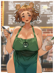 Rule 34 | 1girl, animal ears, apron, barista, bear ears, bear girl, blurry, blush, breasts, brown eyes, brown hair, cafe, cup, depth of field, embarrassed, flying sweatdrops, green apron, huge breasts, iced latte with breast milk (meme), kumako (poch4n), marker, meme, naked apron, original, poch4n, short hair, solo, sweat, thick eyebrows, wide hips