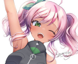 Rule 34 | 1girl, ahoge, arm up, bare shoulders, blush, bodysuit, comandante cappellini (kancolle), dark-skinned female, dark skin, dated, diving suit, green eyes, grey wetsuit, hair between eyes, hair ribbon, kantai collection, looking at viewer, makina00, multicolored hair, one eye closed, open mouth, pink hair, ribbon, signature, simple background, sleeveless, solo, streaked hair, twintails, upper body, wetsuit, white background