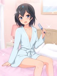Rule 34 | 1girl, absurdres, bathrobe, bedroom, black hair, blue eyes, blush, breasts, commentary, hair brush, head wings, highres, holding, holding brush, indoors, kemono friends, lamp, long sleeves, looking at viewer, medium breasts, on bed, open mouth, pillow, shiraha maru, short hair, sitting, smile, solo, sparkle, superb bird-of-paradise (kemono friends), wings
