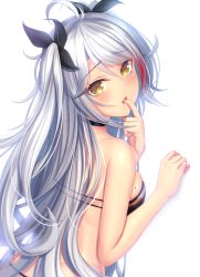 Rule 34 | 1girl, alternate costume, antenna hair, azur lane, bad id, bad pixiv id, bikini, black bikini, black ribbon, blush, breasts, brown eyes, choker, finger in own mouth, flag print, from behind, german flag bikini, hair between eyes, hair ribbon, large breasts, long hair, looking at viewer, looking back, mole, mole on breast, multicolored hair, mutsuba fumi, prinz eugen (azur lane), prinz eugen (unfading smile) (azur lane), red hair, ribbon, silver hair, simple background, skindentation, solo, streaked hair, swimsuit, two side up, very long hair, white background