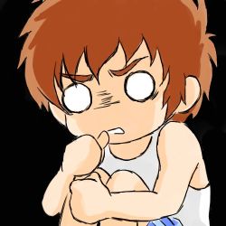 Rule 34 | 1boy, amuro ray, brown hair, gundam, lowres, male focus, mobile suit gundam, simple background, solo, tank top, white eyes