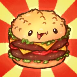 Rule 34 | :3, beef, black eyes, cheese, food, food focus, full body, burger, happy, krocodilian, lettuce, no humans, open mouth, original, simple background, smile, solo, sunburst, tomato, two-tone background