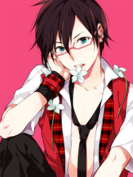 Rule 34 | 10s, 1boy, black hair, blue eyes, flower, glasses, idolmaster, idolmaster side-m, iseya shiki, looking at viewer, male focus, mouth hold, necktie, open clothes, open shirt, parted lips, petals, pink-framed eyewear, pink background, shirt, sitting, solo, uririri69, wristband