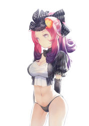 Rule 34 | 1girl, arms behind back, bad id, bad pixiv id, black eyes, black panties, bow, breasts, cleavage, cowboy shot, crop top, crop top overhang, gradient hair, hair bow, highres, kzhu, large breasts, long hair, looking to the side, multicolored hair, navel, no pants, original, panties, pink hair, pinstripe pattern, ponytail, purple hair, shirt, short sleeves, simple background, solo, striped, taut clothes, taut shirt, underwear, white background