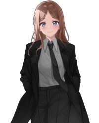 Rule 34 | 1girl, bang dream!, bang dream! it&#039;s mygo!!!!!, black coat, black necktie, black pants, blue eyes, blush, brown hair, closed mouth, coat, collared shirt, commentary request, cowboy shot, formal, grey shirt, hands in pockets, highres, long hair, long sleeves, looking at viewer, mocaraneru, nagasaki soyo, necktie, open clothes, open coat, pants, parted bangs, shirt, simple background, solo, suit, variant set, white background