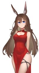 Rule 34 | 1girl, :q, absurdres, amiya (arknights), animal ear fluff, animal ears, arknights, arms behind back, bare arms, bare shoulders, bidingpy, blue eyes, breasts, brown hair, cleavage, cleavage cutout, closed mouth, clothing cutout, dress, eyebrows hidden by hair, hair between eyes, highres, medium breasts, pelvic curtain, rabbit ears, red dress, signature, simple background, sleeveless, sleeveless dress, smile, solo, tongue, tongue out, white background