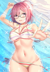 Rule 34 | 1girl, absurdres, bare shoulders, bikini, blush, breasts, cleavage, collarbone, fate/grand order, fate (series), glasses, hair over one eye, highres, large breasts, layered bikini, light purple hair, looking at viewer, lying, mash kyrielight, navel, official alternate costume, on back, open mouth, outstretched arm, purple eyes, see-through, short hair, side-tie bikini bottom, smile, solo, striped bikini, striped clothes, swimsuit, thighs, untied bikini, water, white bikini, yufou