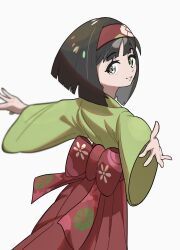 Rule 34 | 1girl, black hair, bow, bowtie, creatures (company), erika (pokemon), from behind, game freak, green kimono, grey eyes, hairband, highres, japanese clothes, keeno-ringo46, kimono, looking at viewer, looking back, nintendo, pokemon, pokemon lgpe, red bow, red bowtie, red hairband, short hair, simple background, solo, white background