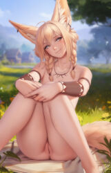 Rule 34 | 1girl, ahoge, animal ear fluff, animal ears, arm strap, blonde hair, blurry, blurry background, bracer, braid, cleft of venus, commentary, day, earrings, english commentary, flat chest, fox ears, fox tail, highres, jewelry, khiara (personal ami), knees together feet apart, looking at viewer, necklace, nude, original, outdoors, personal ami, pussy, signature, sitting, solo, tail, tooth necklace, twin braids, uncensored, yellow eyes