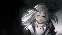 Rule 34 | 1girl, arknights, artist request, clenched teeth, elini (arknights), game cg, grey background, grey eyes, irene (arknights), jacket, long hair, looking at viewer, official art, shirt, silver hair, solo, teeth, upper body, white shirt