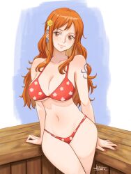 Rule 34 | 1girl, alternate costume, arm support, bare shoulders, bikini, breasts, cleavage, closed mouth, collarbone, commentary, cowboy shot, curvy, english commentary, floral print, hair ornament, highres, jedbanner, large breasts, light blush, lips, long hair, looking at viewer, nami (one piece), navel, one piece, orange eyes, orange hair, polka dot, polka dot bikini, print bikini, red bikini, red nails, shiny skin, shoulder tattoo, sidelocks, signature, smile, solo, stomach, swimsuit, tattoo, thong, wavy hair, wide hips