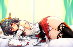 Rule 34 | 1girl, bare shoulders, black hair, boots, detached sleeves, frilled skirt, frills, hair ornament, hairband, hairclip, haruna (kancolle), headgear, highres, japanese clothes, kantai collection, long hair, looking at viewer, lying, nontraditional miko, hugging object, on bed, on side, panties, pantyshot, pillow, pillow hug, pink panties, pleated skirt, red skirt, ribbon-trimmed sleeves, ribbon trim, skirt, smile, solo, thigh boots, thighhighs, tsukui kachou, underwear, wide sleeves, yellow eyes
