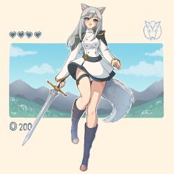 Rule 34 | 1girl, animal ears, black footwear, blue eyes, blue sky, boots, breasts, buttons, cat ears, cloud, commentary, commission, double-parted bangs, english commentary, eyelashes, field, formal, grass, grey hair, heart, highres, holding, holding sword, holding weapon, knee boots, long hair, lysum, medium breasts, mountain, original, panties, skirt, sky, solo, suit, sword, thigh strap, underwear, weapon, white background, white panties, white skirt, white suit