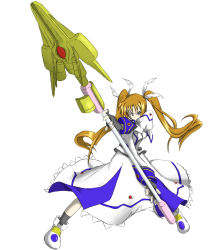 Rule 34 | 00s, 1girl, ankle boots, bad id, bad pixiv id, blue eyes, boots, brown hair, dress, fingerless gloves, full body, gloves, long hair, long sleeves, looking at viewer, lyrical nanoha, magical girl, mahou shoujo lyrical nanoha, mahou shoujo lyrical nanoha strikers, raising heart, raising heart (exceed mode), simple background, solo, takamachi nanoha, takamachi nanoha (exceed mode), todo (artist), twintails, very long hair, white background, white dress