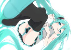 Rule 34 | 1girl, aqua eyes, aqua hair, aqua necktie, ass, blush, boots, colored shoe soles, dutch angle, floating hair, foreshortening, from above, grey shirt, half-closed eyes, hatsune miku, highres, legs up, long hair, lying, necktie, no nose, on back, panties, pantyshot, sechin, shirt, shoe soles, signature, solo, striped clothes, striped panties, thigh boots, thighs, twintails, underwear, very long hair, vocaloid, white background