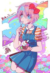 Rule 34 | 2girls, animal-themed food, arrow (symbol), artist request, bad id, bad pinterest id, bare arms, blue dress, blue eyes, blue sky, blush stickers, bow, brown hair, cloud, collared shirt, cupcake, dated, denim dress, doki doki literature club, dress, eating, eyelashes, field, flower, flower field, food, fork, full body, green eyes, hair between eyes, hair bow, head only, high ponytail, highres, holding, holding fork, holding plate, kneeling, knees, long hair, looking at viewer, medium dress, monika (doki doki literature club), mountain, multiple girls, open mouth, orange shirt, pink hair, plate, pleated dress, red bow, sayori (doki doki literature club), shirt, short hair, short sleeves, sky, sleeveless, sleeveless dress, smile, solo focus, source request, sparkle, striped clothes, striped shirt, third-party source, translation request, twitter username, two-tone shirt, utensil in mouth, white bow, white shirt