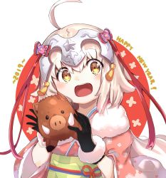 Rule 34 | 1girl, :d, aged down, ahoge, alternate costume, black gloves, black theme, blonde hair, blush, boar, bow, capelet, commentary request, fate/grand order, fate (series), gloves, hair between eyes, hair ornament, happy, happy new year, headpiece, highres, holding, holding stuffed toy, image sample, japanese clothes, jeanne d&#039;arc (fate), jeanne d&#039;arc (ruler) (fate), jeanne d&#039;arc alter santa lily (fate), kimono, looking at viewer, new year, open mouth, pink bow, ranf, red ribbon, ribbon, short hair, sidelocks, simple background, smile, solo, stuffed animal, stuffed toy, tusks, twitter sample, white background, white capelet, yellow eyes