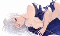 Rule 34 | 1girl, areola slip, bare shoulders, breasts, brown eyes, collarbone, granblue fantasy, highres, large breasts, long hair, looking at viewer, lying, on side, sabanobori, silva (granblue fantasy), simple background, smile, solo, torn clothes, white background, white hair