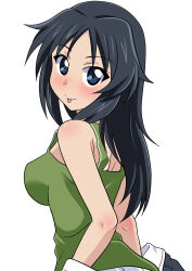 Rule 34 | 1girl, :p, absurdres, blue eyes, blue hair, blue jacket, closed mouth, clothes pull, commentary, freckles, from behind, girls und panzer, green tank top, highres, jacket, jacket pull, long hair, looking at viewer, looking back, military uniform, ooarai military uniform, pleated skirt, simple background, skirt, smile, solo, standing, tank top, tongue, tongue out, uniform, wakku kan, white background, white skirt, yamagou ayumi