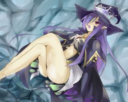 Rule 34 | 1girl, barefoot, breasts, cape, cleavage, crown, earrings, elbow gloves, fatima, gloves, hair over one eye, hat, highres, jewelry, long hair, luminous arc, luminous arc 2, navel, open mouth, pointy ears, purple eyes, purple hair, very long hair, wet, witch hat