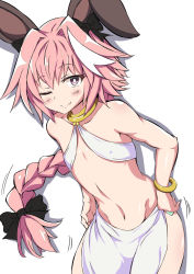 Rule 34 | 10s, 1boy, ;), animal ears, astolfo (fate), bangle, black bow, blush, bow, bracelet, braid, cosplay, crossdressing, closed eyes, fake animal ears, fang, fang out, fate (series), highres, isekai maou to shoukan shoujo no dorei majutsu, jewelry, korandamu, leaning forward, long hair, looking at viewer, male focus, midriff, navel, one eye closed, purple eyes, rabbit ears, simple background, skirt, smile, stomach, sylvie (isekai maou), sylvie (isekai maou) (cosplay), trap, very long hair, voice actor connection, white background, white skirt