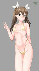 Rule 34 | 1girl, absurdres, arm behind back, bikini, brown eyes, brown hair, dated, flat chest, gold bikini, grey background, hair between eyes, hair ribbon, highleg, highleg bikini, highleg swimsuit, highres, kantai collection, long hair, looking at viewer, maru (marg0613), ribbon, simple background, solo, swimsuit, tone (kancolle), twintails, twitter username, v