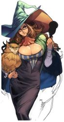 Rule 34 | 1girl, animal, bird, breasts, brown hair, cleavage, dress, female focus, glasses, grand knights history, hand on own hip, hat, holding, huge breasts, long hair, muse cromwell, oda non, owl, red eyes, smile, solo, standing, witch hat