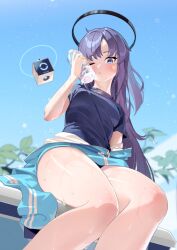 Rule 34 | 1girl, blue archive, blue eyes, blush, bottle, day, dutch angle, halo, highres, jacket, jacket partially removed, karasu-san (syh3iua83), long hair, looking at viewer, mechanical halo, one eye closed, outdoors, parted bangs, partially unzipped, purple hair, solo, star sticker, sticker on face, sweat, track jacket, two-sided fabric, two-sided jacket, water bottle, yuuka (blue archive)