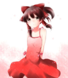 Rule 34 | 1girl, absurdres, arms behind back, bad id, bad pixiv id, bow, brown eyes, brown hair, camisole, casual, dress, hair bow, hair ribbon, hair tubes, hakurei reimu, highres, looking at viewer, negu (pixiv 6519140), red dress, ribbon, smile, solo, touhou