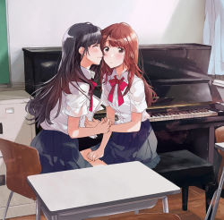 Rule 34 | 2girls, ^ ^, black hair, black skirt, blush, brown hair, chair, classroom, closed eyes, collared shirt, crying, crying with eyes open, curtains, desk, dress shirt, file cabinet, fly (marguerite), from side, hand on lap, holding another&#039;s arm, indoors, instrument, kiss, kissing cheek, long hair, multiple girls, original, paper, piano, piano bench, pleated skirt, school chair, school desk, school uniform, shirt, short sleeves, sitting, skirt, tears, upright piano, white shirt, yuri