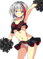 Rule 34 | 1girl, admiral graf spee (azur lane), arm up, armpits, azur lane, blue eyes, blush, breasts, cheerleader, clothes writing, crop top, crop top overhang, highres, holding, holding pom poms, macaroni hourensou, medium breasts, midriff, miniskirt, multicolored hair, navel, no bra, no tail, panties, pleated skirt, pom pom (cheerleading), pom poms, red hair, shirt, short hair, silver hair, skirt, sleeveless, sleeveless shirt, solo, streaked hair, sweat, underboob, underwear