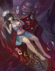 Rule 34 | 1girl, absurdres, ace (playing card), ace of spades, animal ears, anklet, aqua eyes, bangle, bare shoulders, barefoot, beads, bed, bed sheet, black hair, blue eyes, blue nails, blue skirt, bowl, bracelet, breasts, candle, card, cleavage, coin, cup, dagger, female focus, fingernails, food, from above, fruit, hat, head wings, highres, jewelry, jug (bottle), knife, lamp, lantern, large breasts, lips, liquid, long hair, looking at viewer, lying, maomao, midriff, nail polish, navel, necktie, nightstand, on back, original, pitcher (container), playing card, pot, skirt, smile, solo, spade (shape), steam, watermark, wax, weapon, whip, wings