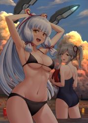 Rule 34 | 2girls, alternate hairstyle, armpits, arms up, ass, bikini, black bikini, blue one-piece swimsuit, blush, breasts, brown eyes, cloud, cloudy sky, collarbone, competition school swimsuit, dusk, grey hair, hair ribbon, hair tie, headgear, highres, ichikawa feesu, kantai collection, lantern, large breasts, lighthouse, long hair, looking at viewer, medium breasts, micro bikini, multiple girls, murakumo (kancolle), navel, one-piece swimsuit, open mouth, outdoors, partially submerged, ponytail, red ribbon, ribbon, school swimsuit, sidelocks, sky, small breasts, smile, standing, swimsuit, twintails, tying hair, usugumo (kancolle), wading, yellow eyes