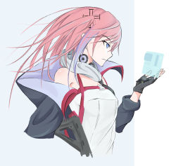 Rule 34 | 1girl, ar-15, bare shoulders, blue eyes, closed mouth, cropped torso, dress, expressionless, fingerless gloves, floating hair, from side, girls&#039; frontline, gloves, gun, hair between eyes, hair ornament, holding, holographic monitor, jacket, long hair, looking at screen, multicolored hair, off shoulder, one side up, outside border, pink hair, projector, rifle, scarf, side ponytail, sidelocks, simple background, solo, st ar-15 (girls&#039; frontline), streaked hair, upper body, weapon, white scarf, wind