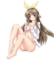 Rule 34 | 1girl, bad anatomy, bad feet, bad proportions, bikini, bow, breasts, brown eyes, brown hair, gender request, genderswap, hair ribbon, little busters!, long hair, naoe riki, open clothes, open shirt, poorly drawn, ribbon, shirt, solo, swimsuit, yellow bow, yo-jin