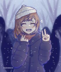 1girl artist_name beanie black_coat blush closed_eyes coat hat instagram_username open_mouth original sadnesskoral snow snowing