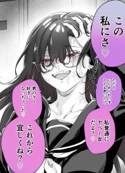 Rule 34 | 1girl, bruise, bruise on face, collarbone, crack, cracked glass, fang, glasses, hair between eyes, highres, injury, locker, looking at viewer, monochrome, open mouth, original, purple eyes, school uniform, speech bubble, teeth, translated, upper teeth only, yakitomato