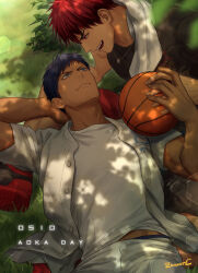 Rule 34 | 2boys, aomine daiki, ball, basketball (object), black shirt, blue eyes, closed mouth, day, holding, holding ball, jewelry, kagami taiga, kuroko no basuke, looking at another, male focus, multiple boys, necklace, open clothes, open mouth, open shirt, outdoors, pants, red eyes, red shorts, shirt, shorts, smile, towel, towel around neck, white pants, white shirt, yaoi, zawar379