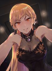 Rule 34 | 1girl, bare shoulders, black bow, black dress, blonde hair, blush, bow, breasts, cleavage, collarbone, commission, dress, from below, gem, girl on top, girls&#039; frontline, grin, hair bow, highres, indoors, large breasts, long hair, looking at viewer, niac, official alternate costume, orange eyes, ots-14 (girls&#039; frontline), ots-14 (sangria succulent) (girls&#039; frontline), parted lips, pearl (gemstone), sleeveless, sleeveless dress, smile, solo, upper body, very long hair