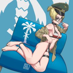 Rule 34 | 1girl, :p, alternate costume, anklet, artist name, barefoot, bikini, bikini under clothes, black nails, blonde hair, breasts, choker, cross, earrings, erwin (girls und panzer), flag print, german flag bikini, girls und panzer, groin tendon, hat, highres, iron cross, jacket, jacket over swimsuit, jewelry, nail polish, navel, off shoulder, palm tree, puto trash, skindentation, small breasts, solo, striped bikini, striped clothes, sunglasses, swimsuit, swimsuit under clothes, thigh strap, thighs, toe ring, tongue, tongue out, tree, untied bikini, yellow eyes
