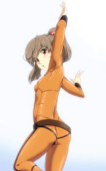 Rule 34 | 10s, 1girl, armpits, arms up, ass, belt, blush, bodysuit, brown eyes, brown hair, enfuku, covered erect nipples, from behind, highres, leg up, looking at viewer, looking back, misaki yuria, open mouth, skin tight, solo, standing, twintails, uchuu senkan yamato, uchuu senkan yamato 2199, white background