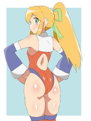 Rule 34 | 1girl, ass, back, back cutout, blonde hair, blue background, blue sleeves, border, closed mouth, clothing cutout, commentary, detached sleeves, from behind, green eyes, green ribbon, hair ribbon, hands on own hips, highleg, highleg leotard, highres, kagemusha, leotard, long hair, looking at viewer, looking back, mega man (classic), mega man (series), outside border, red leotard, red thighhighs, ribbon, roll (mega man), skindentation, sleeveless, smile, solo, standing, thighhighs, white border