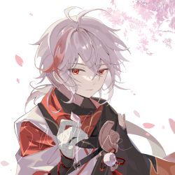 Rule 34 | 1boy, antenna hair, bandaged hand, bandages, cherry blossoms, closed mouth, genshin impact, grey hair, hair between eyes, highres, holding, holding petal, japanese clothes, kaedehara kazuha, looking at viewer, male focus, multicolored hair, petals, ponytail, red eyes, red hair, sample watermark, simple background, solo, streaked hair, upper body, watermark, yue (shemika98425261)